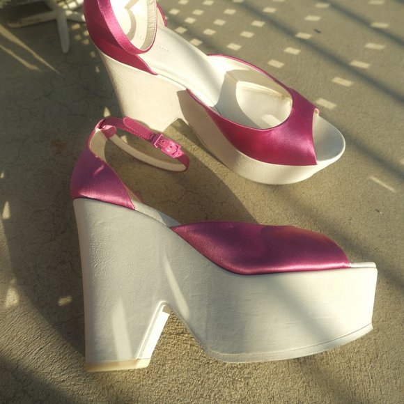 Celine Pink Satin Ankle Strap Cut Out Platform Wedge Sandals - Picture 3 of 7